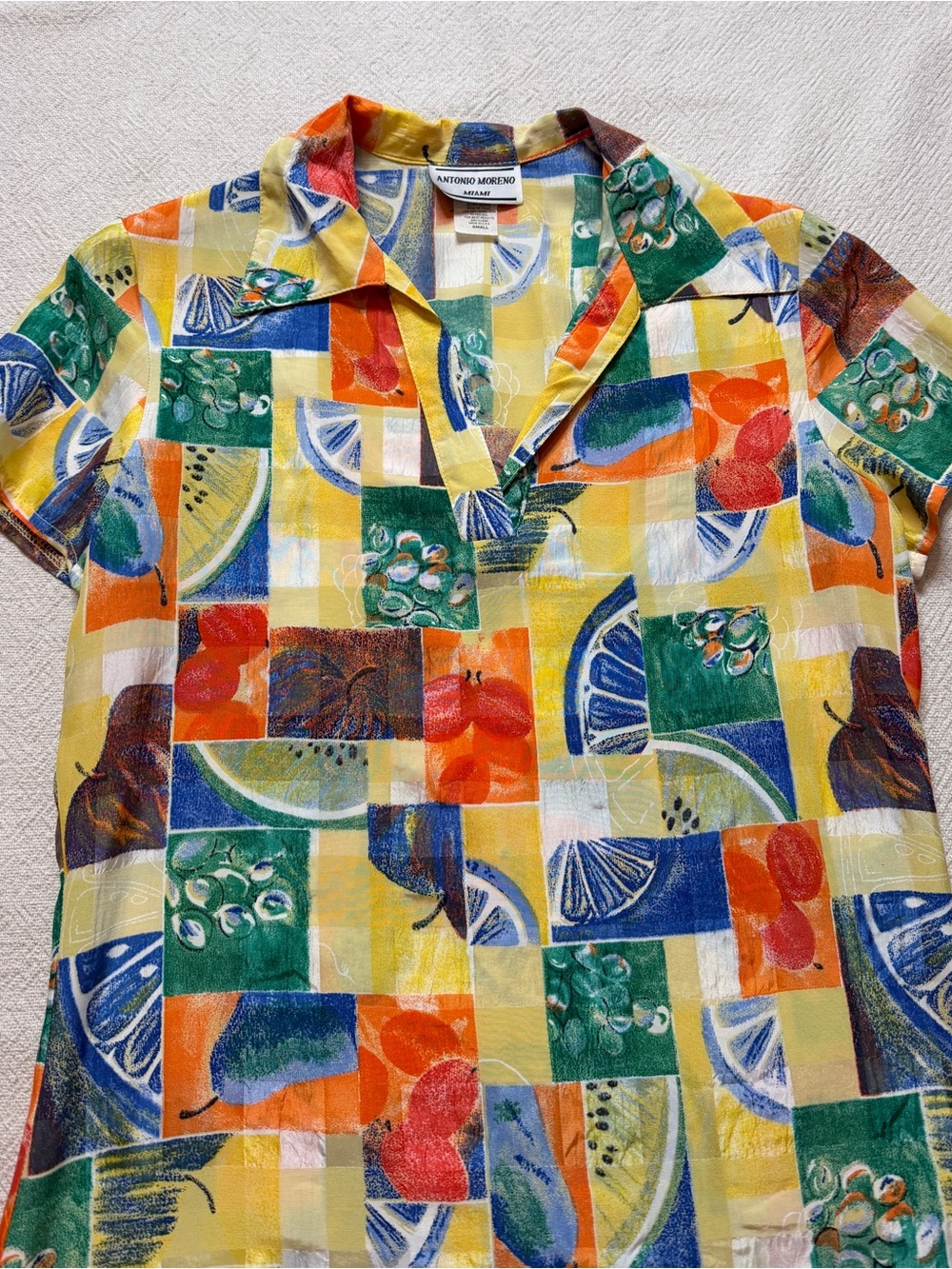 VTG 80s Fruit Print Yellow Patchwork Rayon Satin Popover Twiggy Dress S Mini - Picture 4 of 8